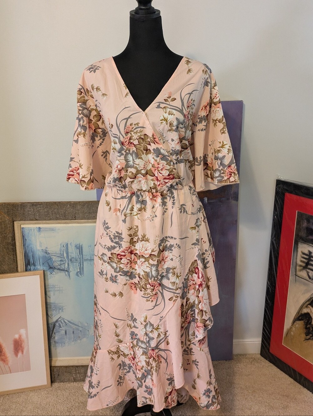 NWT KELUUMMI Blush Pink Floral Wrap Maxi Size 20 Ruffle Asymmetrical Flutter